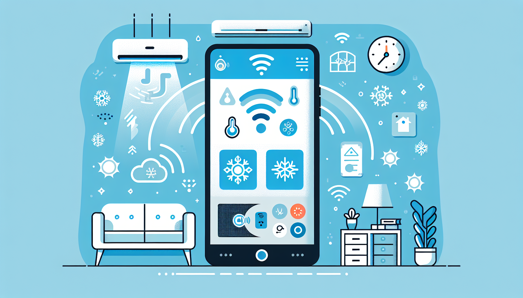Smartphone che controlla un climatizzatore split via WiFi con icone di programmazione, geolocalizzazione e comandi vocali