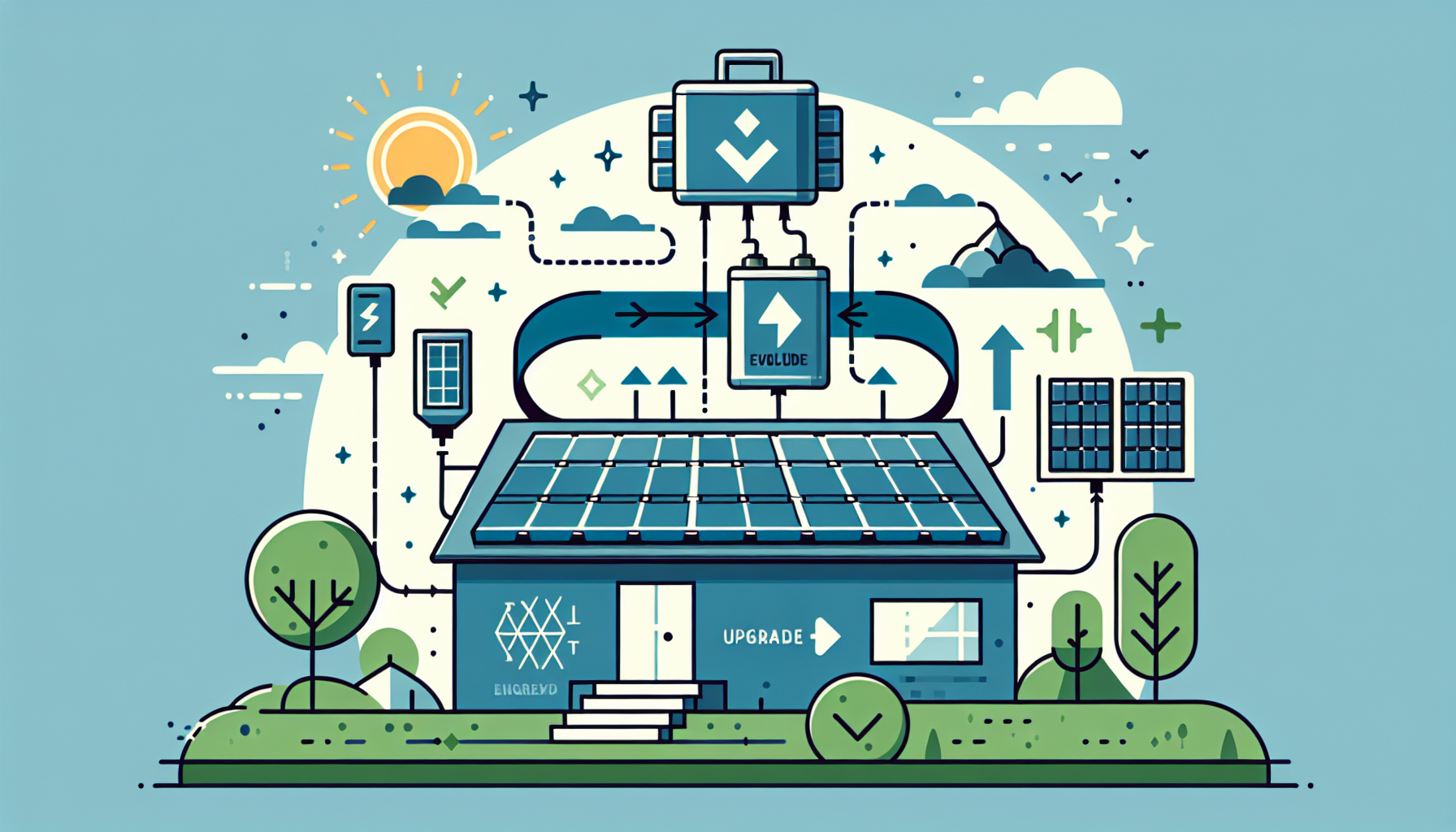 Impianto fotovoltaico grid-tied che si trasforma in ibrido con l'aggiunta di batteria e inverter, con freccia di upgrade