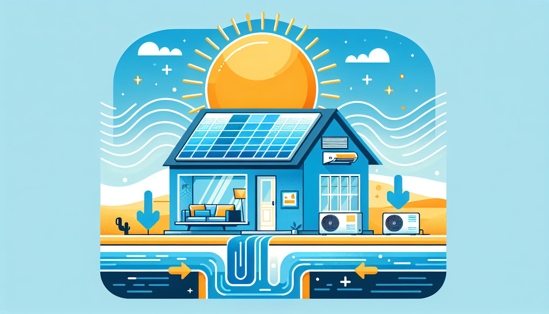 Sezione di casa con pannelli solari sul tetto collegati al climatizzatore interno, esterno caldo e interno fresco