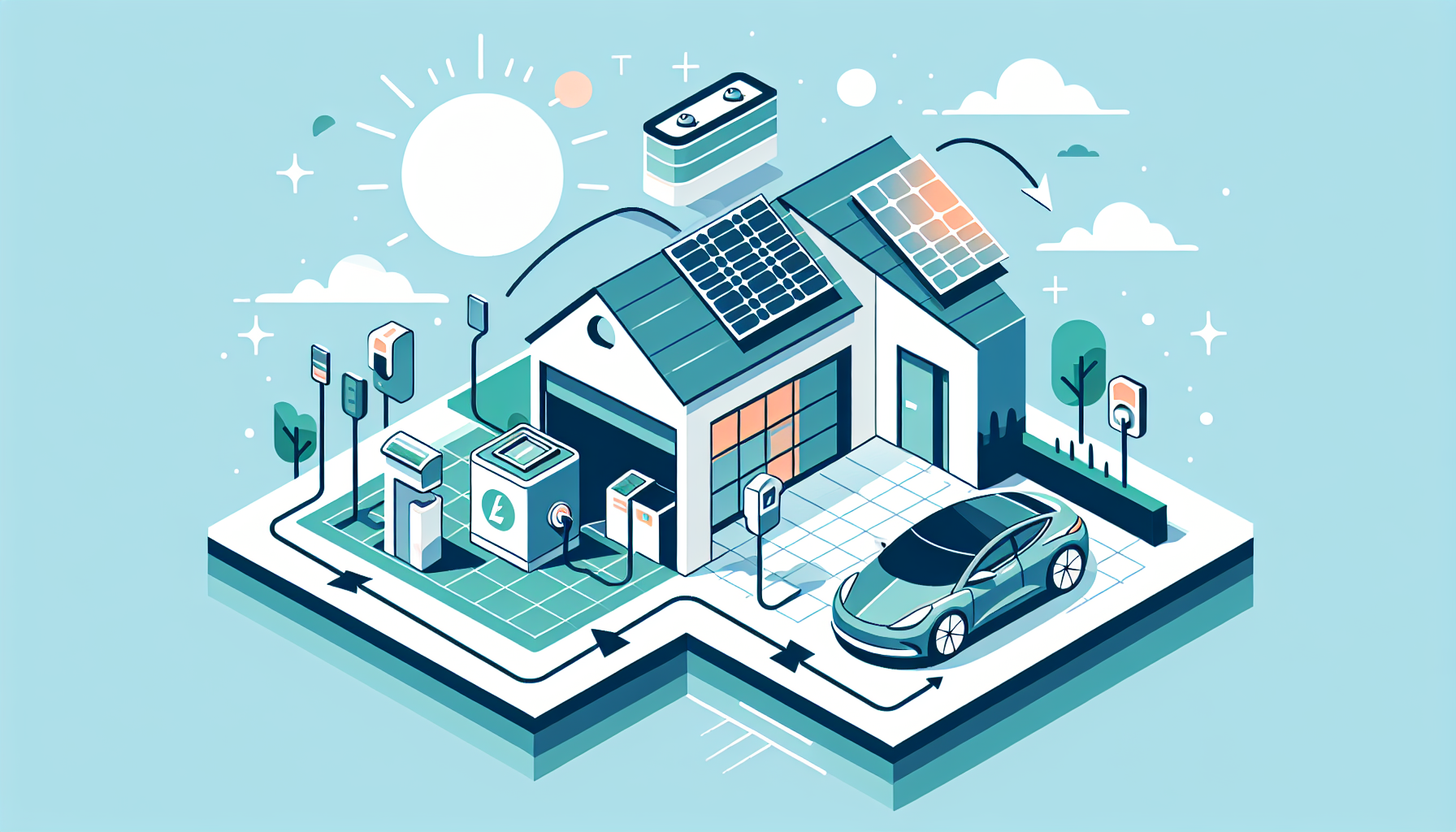 Casa con pannelli solari, batteria domestica e auto elettrica collegata a wallbox, con flussi di energia tra i tre elementi