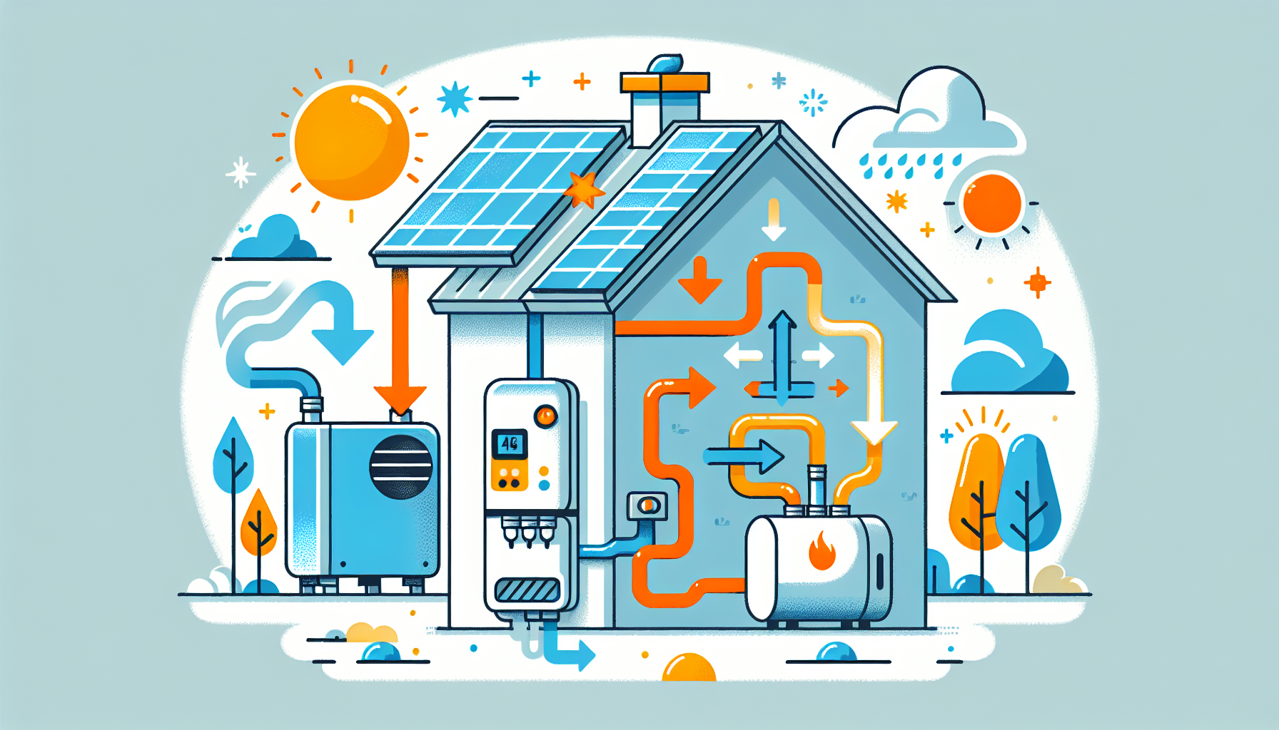 Schema di impianto ibrido con pompa di calore e caldaia a condensazione collegati a pannelli fotovoltaici, con flussi di energia verso la casa