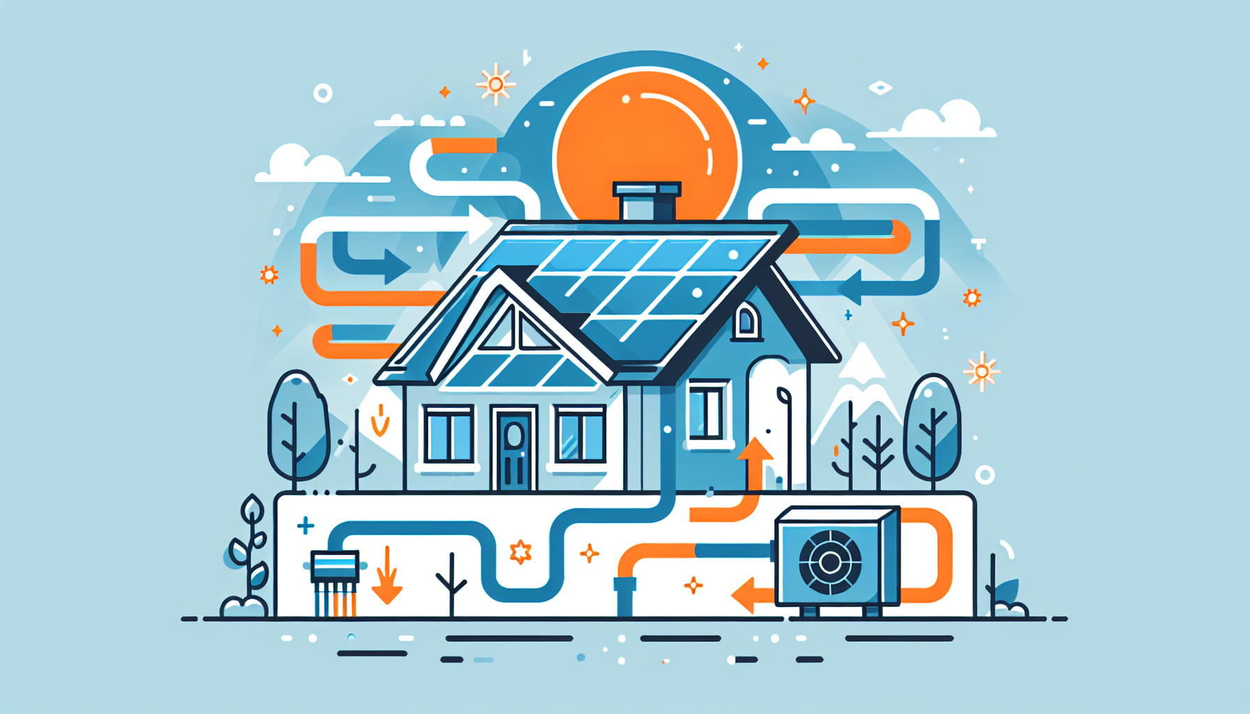 Casa con pannelli solari sul tetto e pompa di calore collegati, con flussi di energia rappresentati da frecce
