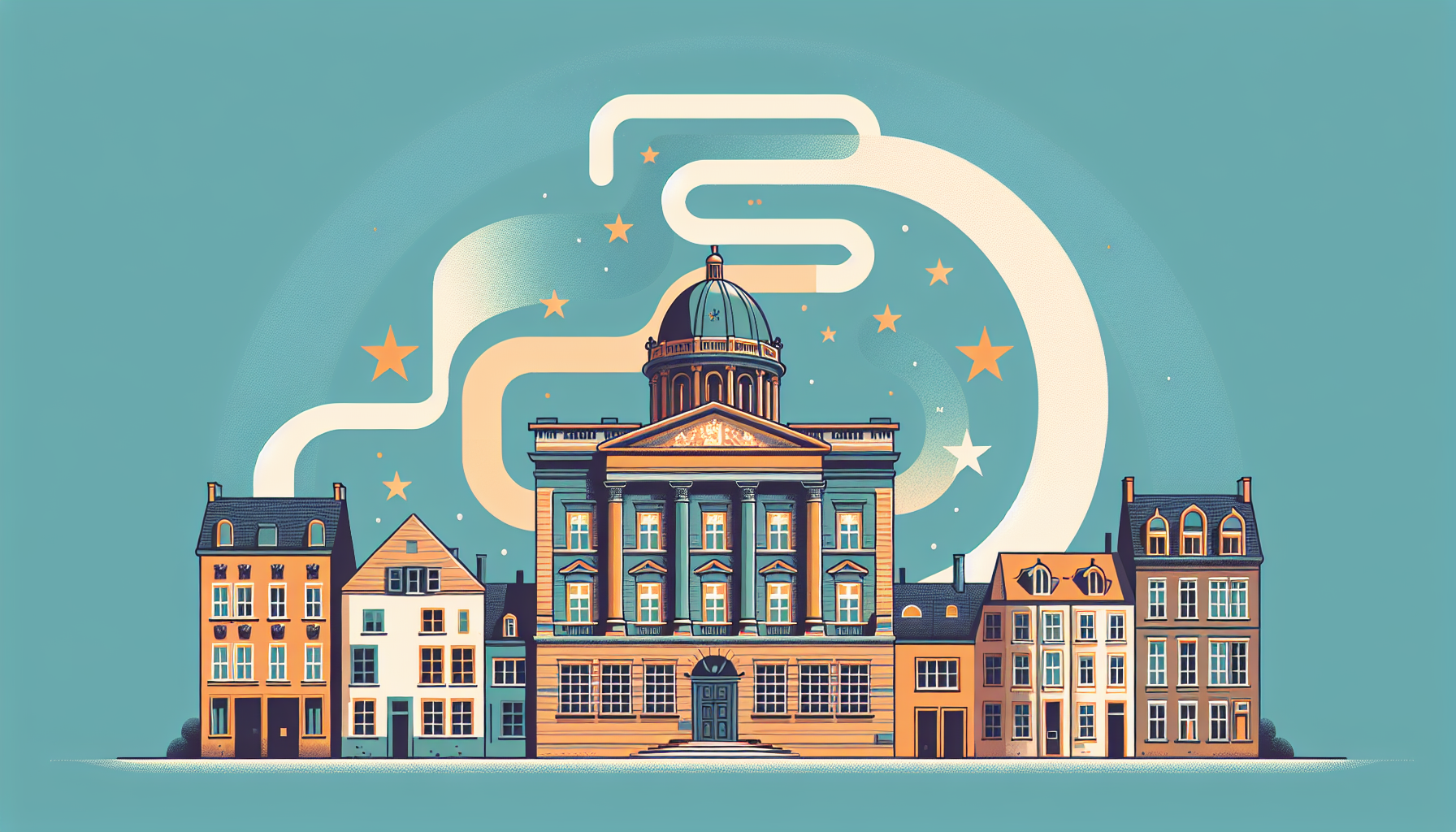 Edificio istituzionale europeo collegato a case residenziali con classificazione energetica, simbolo della Direttiva Case Green