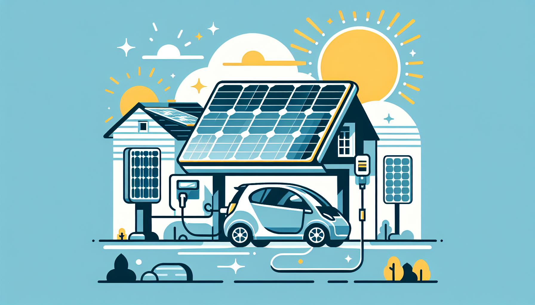 Auto elettrica sotto pensilina solare collegata a wallbox, con raggi solari e flussi di energia dal fotovoltaico al veicolo