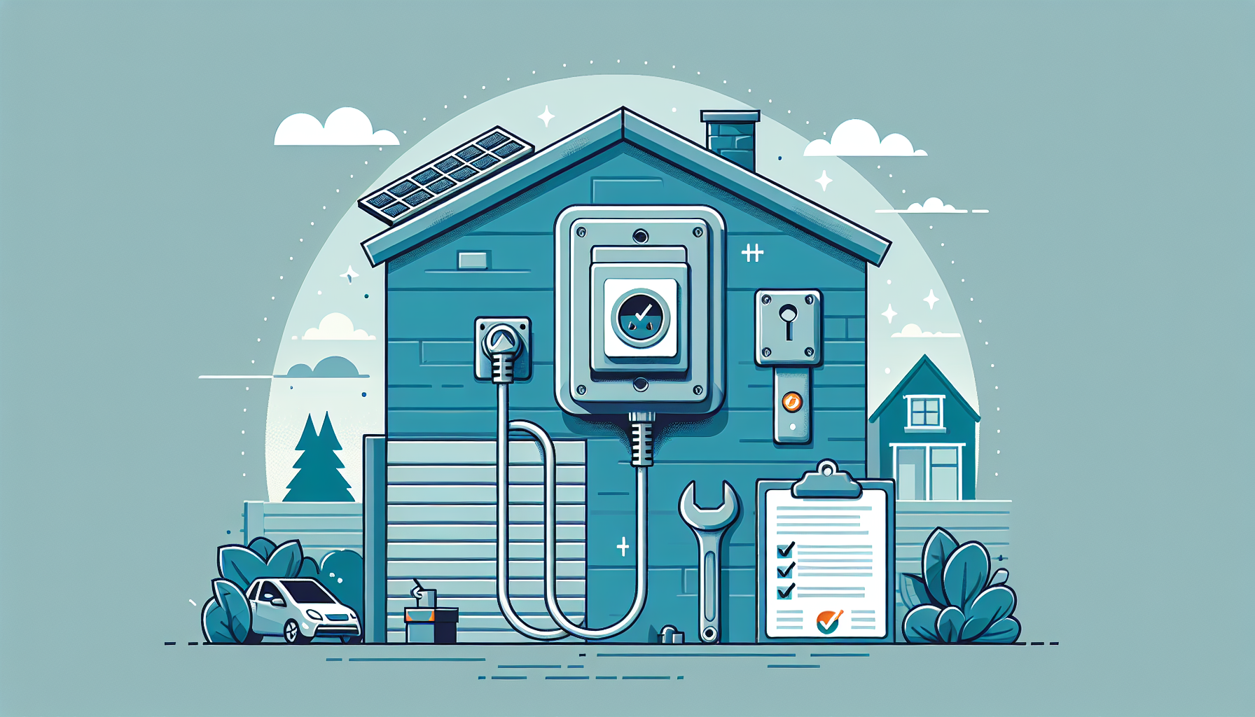 Wallbox montata a parete nel garage di casa con checklist di installazione, pannelli solari sul tetto e strumenti tecnici