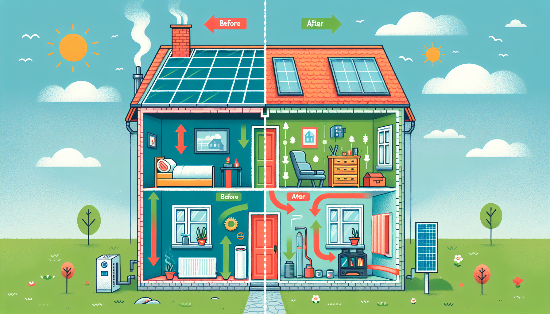 Sezione di una casa prima e dopo la riqualificazione energetica: da edificio dispersivo a casa isolata con pompa di calore e fotovoltaico