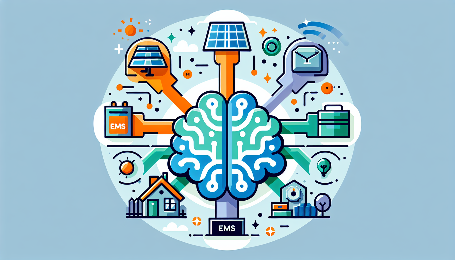 Schema di un energy management system al centro, collegato a pannelli solari, batteria, casa e rete elettrica con flussi bidirezionali