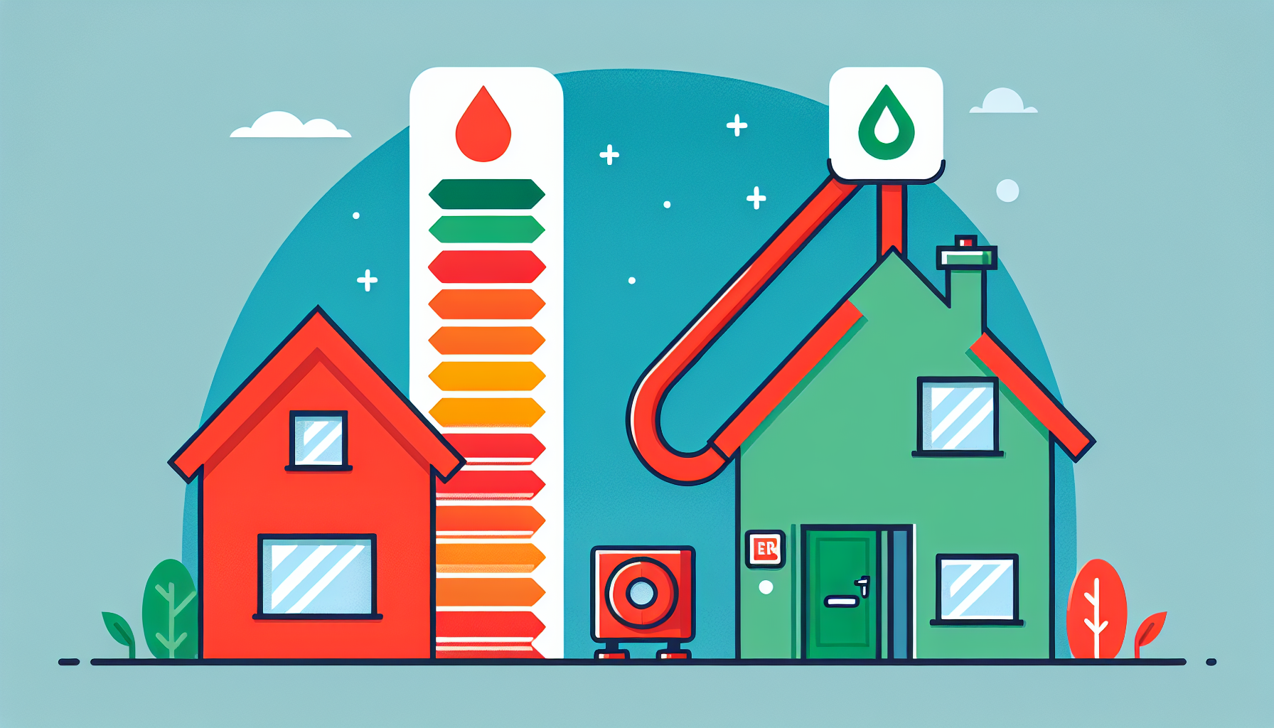 Casa che passa da classe energetica bassa a classe alta grazie alla pompa di calore, con scala APE a gradiente di colori