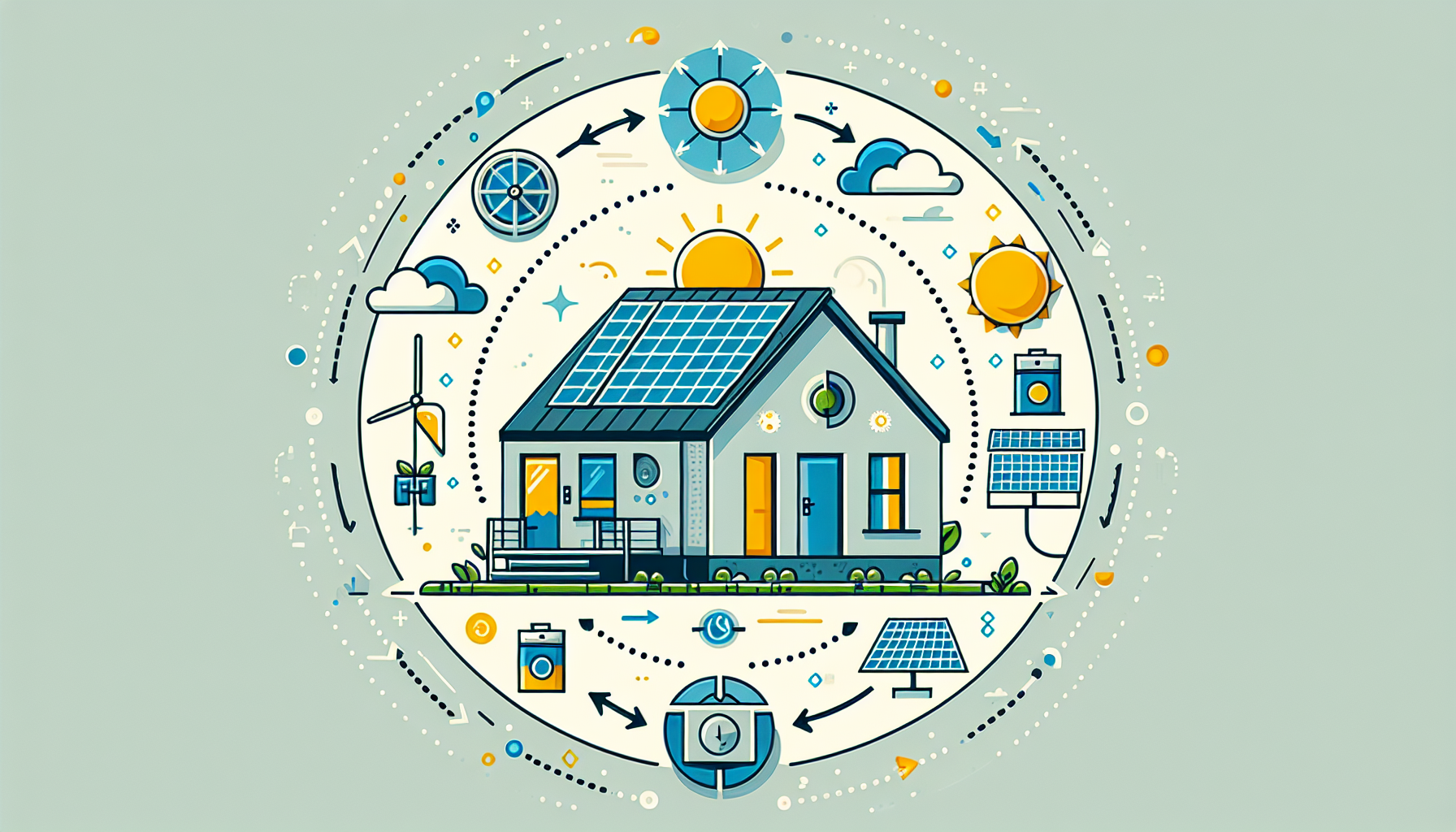 Casa con pannelli solari, batteria e pompa di calore all'interno di un ciclo energetico chiuso, simbolo di bilancio in equilibrio